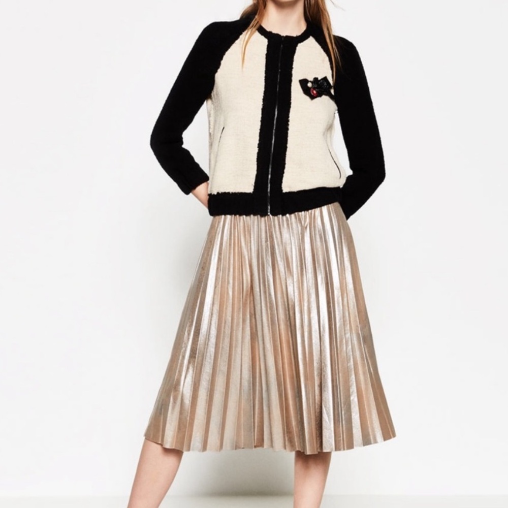 Zara Metallic Pleated Midi Skirt in Champagne Gold